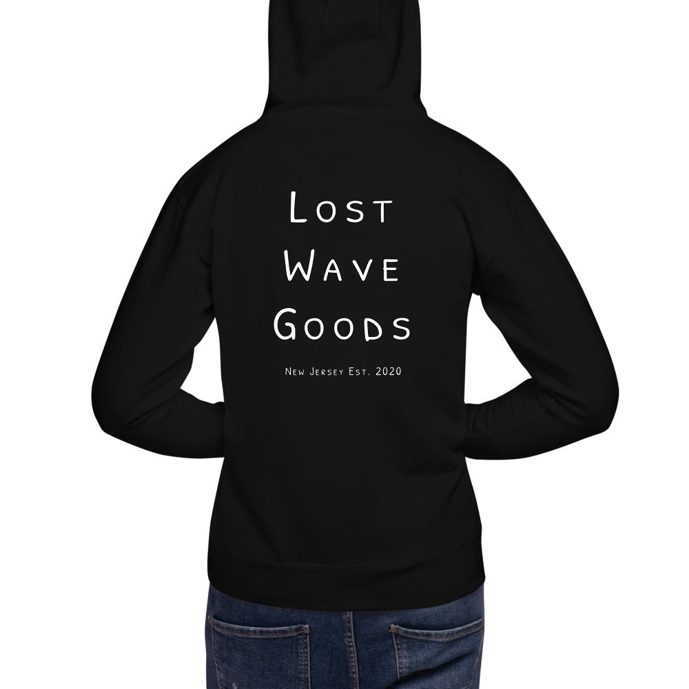 Lost Wave Goods Unisex Brain Waves Hoodie on Male Model in shade Black back