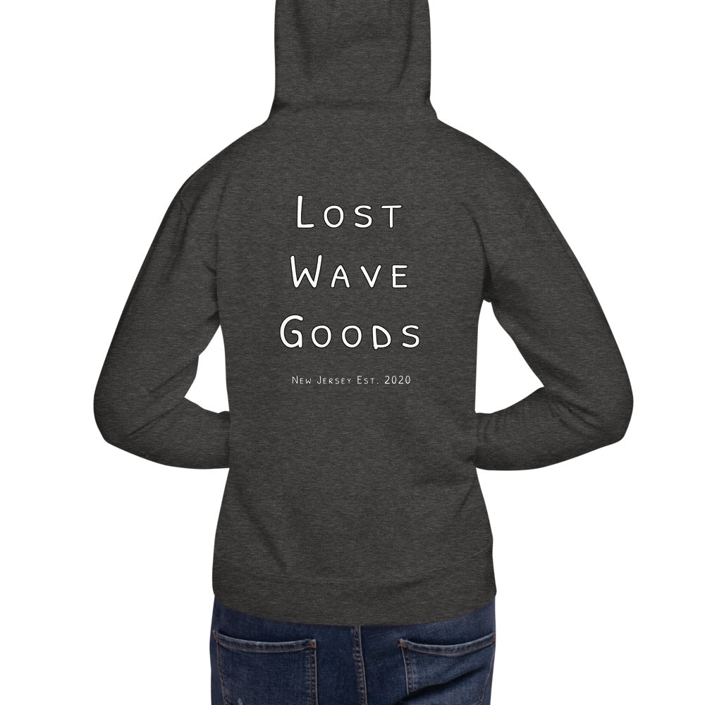 Lost Wave Goods Unisex Brain Waves Hoodie on Male Model in shade Charcoal back