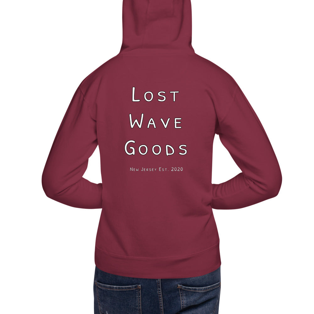 Lost Wave Goods Unisex Brain Waves Hoodie on Male Model in shade Maroon  back